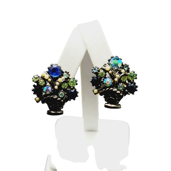 Vintage Signed Art Rhinestone Flower Vase Earrings (A1884) - Picture 1 of 4